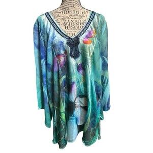 B.l.u.e. Tunic Kaftan‎ Caftan Watercolor Floral Sheer Beaded Fairy Whimsical Y2K